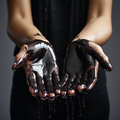 Hands covered in thick black Oil. Concept of pollution, oil usage and black industries causing damage to the environment. Washing hands in oil.