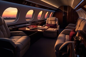 Luxury interior of genuine leather in the business jet, AI Generated
