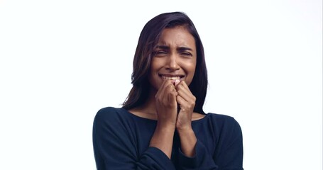 Terror, indian woman and hands on face for fear, horror and scary surprise in studio on white background. Scared, person and expression screaming for danger, anxiety and spooky emoji on backdrop - Powered by Adobe