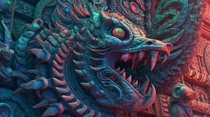 headed feathered serpent HD psychedelic.Generative AI