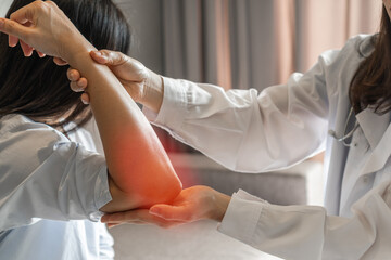 Rheumatism elbow pain, sore, cramp, numb, rheumatoid arthritis, osteoarthritis in woman patient...