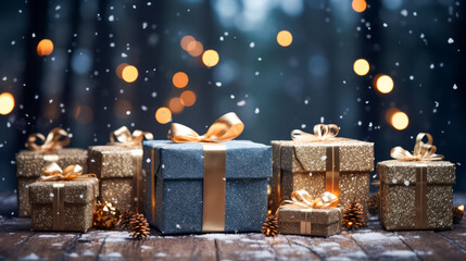 Beautiful gift boxes on wooden table against blurred festive lights. Christmas celebration