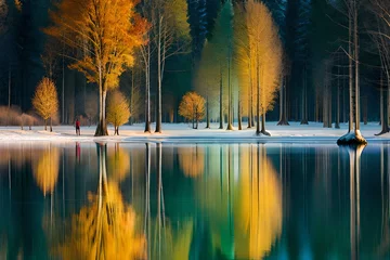 Fototapete Waldfluss Lake and calm river pine forest mountain view landscape. Atmosphere in winter season over the lake