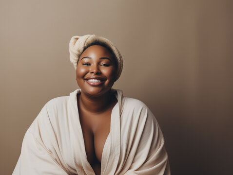 Smiling plus size black young woman in bathrobe