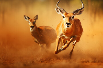 Naklejka na ściany i meble An Antelope running fast to escape a predator following it in open savanna