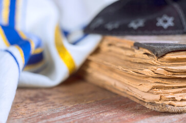 In synagogue festival jewish holiday prayer book to holly days with shofar, shawl tallit kippah