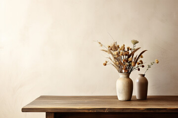Wooden table with vases with bouquet of dried flowers near empty, blank wall. Home interior background with copy space.