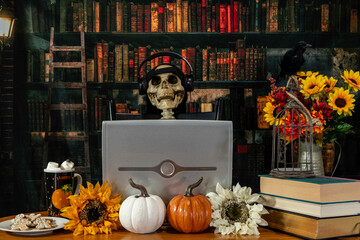old library decorated for autumn with black raven house flies and Halloween skeleton sitting at...