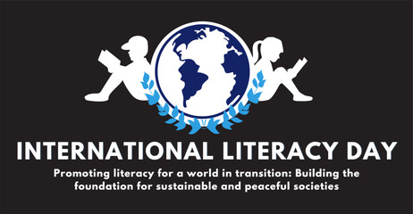 International literacy day, literacy day slogan, Earth icon with two children reading books logotype design