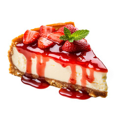 Perfect angled slice of fridge strawberry cheesecake with strawberry topping.
