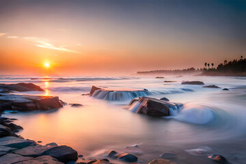 Colorful sunset over ocean on paradise beach with crashing waves