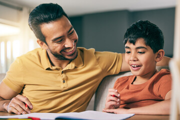 Help, father and boy with homework, notebook and conversation with education, learning and knowledge. Family, dad and kid writing, support and studying with child development, advice and speaking