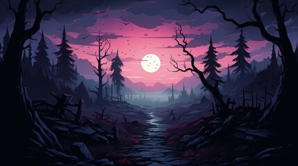 Fototapeta premium Dark forest with a path at night with full moon in the sky illustration AI Generated