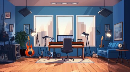 Professional music recording studio room interior illustration AI Generated