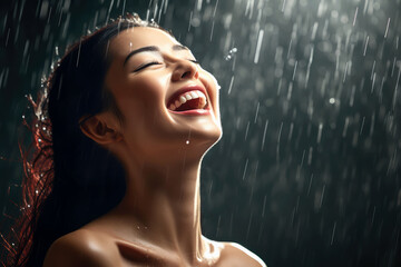 beautiful asian woman laughing in the rain. happy woman enjoying bad weather. AI generated

