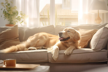 Image of cute golden retriever dog lying on sofa. Pet. animals. Illustration, Generative AI. - obrazy, fototapety, plakaty