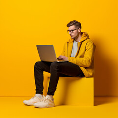 Male student with a laptop on a yellow background.