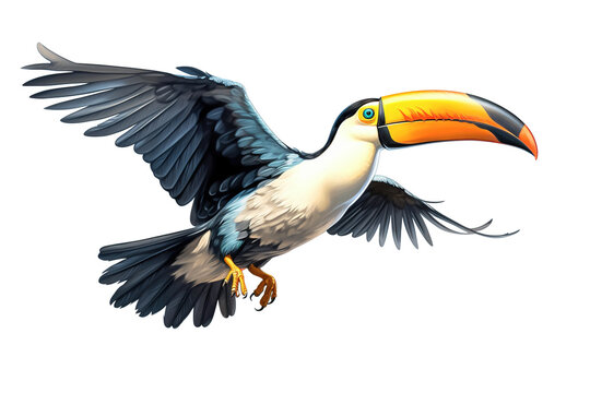Image of a toucan with spread wings in flight on a white background. Wildlife. Bird. Illustration, Generative AI.