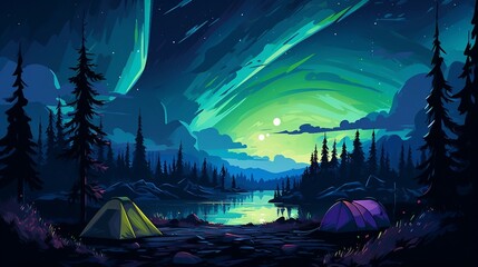 Camping tent in front of a mountain lake with aurora lights illustration AI Generated