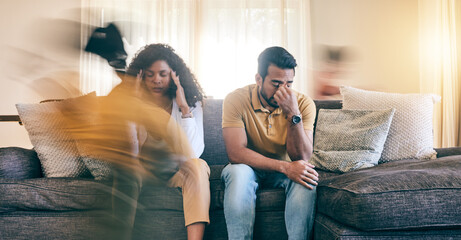 Tired parents, children and running on sofa in stress, headache or depression in chaos at home....