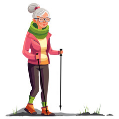 Senior woman is hiking with trekking poles. Active retirement vector illustration