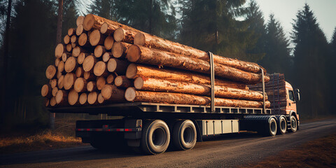 A stack of wooden logs in big trailer vehicle.