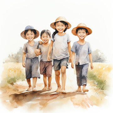 Watercolor painting of asian kids walking on the road, generative AI