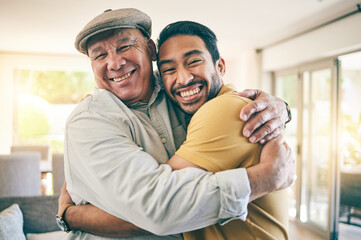 Hug, portrait and man with his senior father for bonding, love and care in the family home. Smile,...