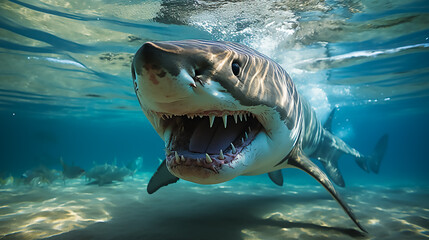 A fierce tiger shark swam gracefully through the crystal - clear waters, its sharp teeth visible as...
