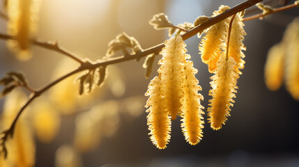 Naklejka premium Pollen Catkins and Illuminated Yellow Flower Pollen: A Natural Beauty