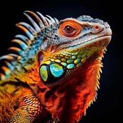 Fototapeta premium Portrait of colored iguana in profile on a black background. Exotic iguana.