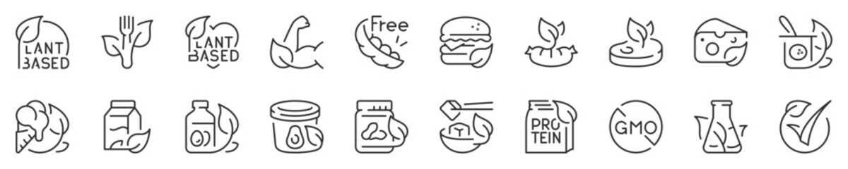 Plant based diet concepts, thin line icon set. Symbol collection in transparent background. Editable vector stroke. 512x512 Pixel Perfect.