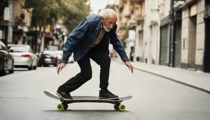 Fotobehang Very old man skateboarding fast in city streets © ibreakstock
