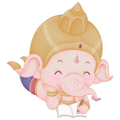 Illustration of a Child Ganesha Writing a Book