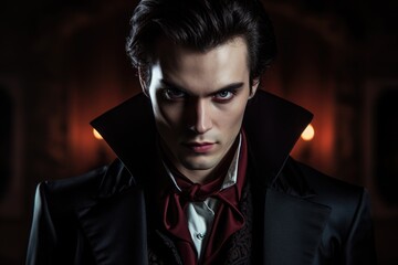 Fashion portrait of a vampire man inside - obrazy, fototapety, plakaty