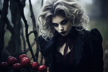 Fashion portrait of a vampire woman with beautiful dark makeup outside - obrazy, fototapety, plakaty