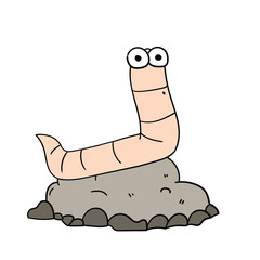 Cartoon hand-drawn worm on a stone on a white background.