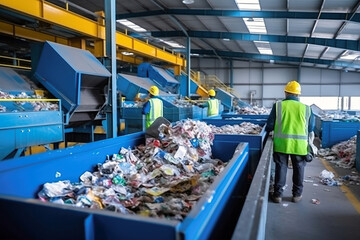 Waste sorting plant. Many different conveyors and bunkers. Workers sort the garbage on the conveyor. Waste disposal and recycling. Waste recycling plant.