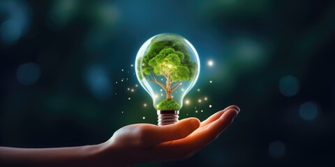 Hand holding light bulb with growing tree. Ecological friendly and sustainable environment, Saving energy and eco concept, Technology, Environment, Ecology concept, generative ai - obrazy, fototapety, plakaty