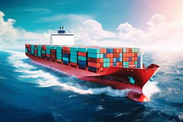 Global business logistics import-export cargo. A cargo ship with sea containers on board goes through the sea. Transportation of goods across the ocean.