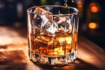 Whiskey in glass with cubes of ice on dark wooden rustic background, close up.