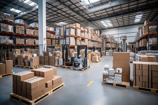 A huge warehouse filled with neatly stacked boxes. Interior of a modern warehouse. Large space for storing and moving goods. logistics. Trade in the modern world.