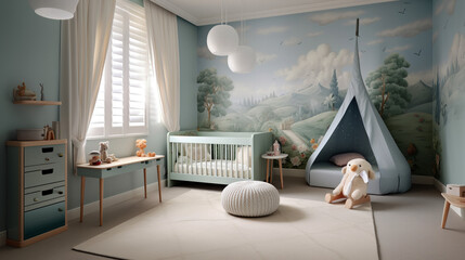 Child room with natural light blue colors and wooden furniture. Interior of cozy kids bedroom. Nursery room in cozy warm family style. 