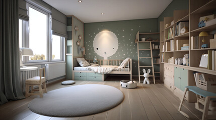 Child room with natural light green colors and wooden furniture. Interior of cozy kids bedroom. Nursery room in cozy warm family style. 