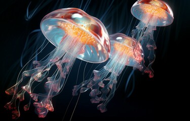 Diamond jellyfish floating upwards. Diamond collection of animals. 3D of a seamless loop. Generative AI