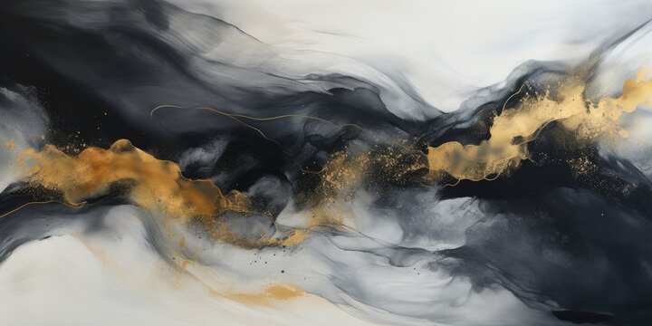 Gold and black texture abstract on white background, painting made of gold leaf on a white background, Very beautiful black paint with addition of gold powder, Natural Luxury,  generative ai