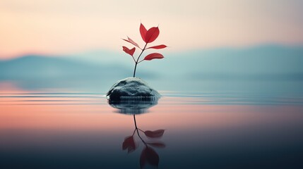 minimal style background, tree branch grow on rock in lake,  Generative Ai