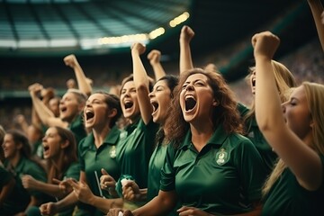 A group of girls - a female football sports team in green uniform cheering because of victory in a game after making a goal at the stadium or a soccer field