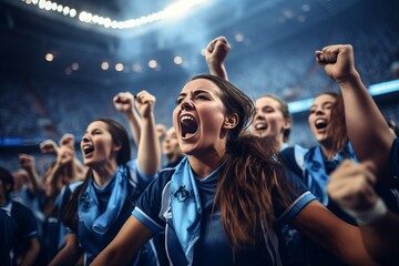 A group of girls - a female football sports team in blue uniform cheering because of victory in a game after making a goal at the stadium or a soccer field