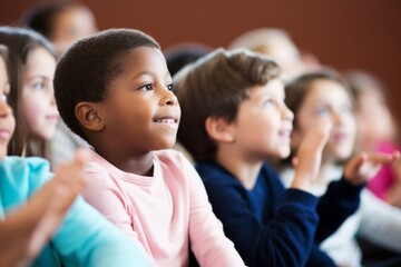 Happy cute african american boy interested schoolchildren smiling interacting elementary pupils in classroom. Kids preschool kindergarten primary school children sitting studying lesson education
